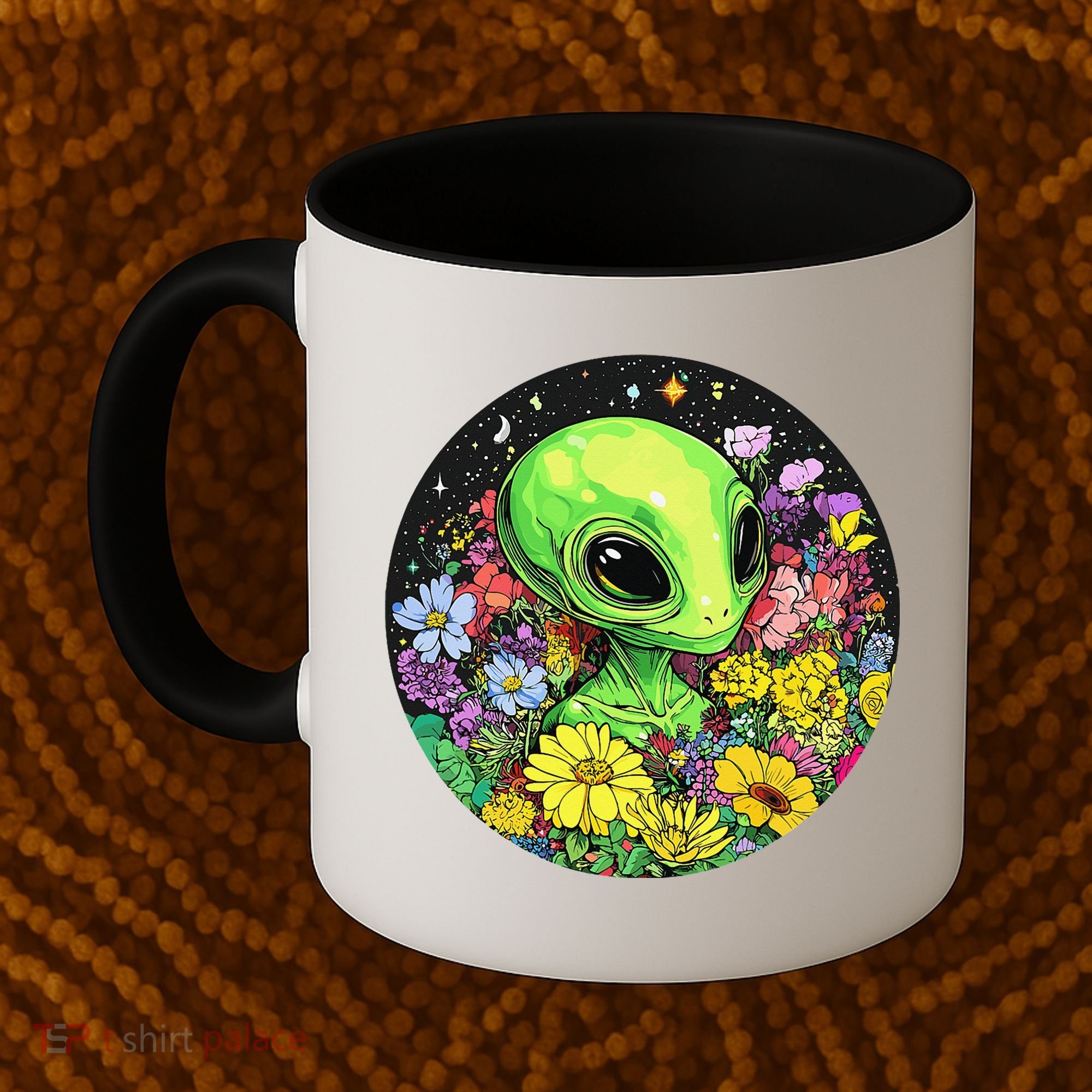 Alien Surrounded By Cosmic Flowers Coffee Mug