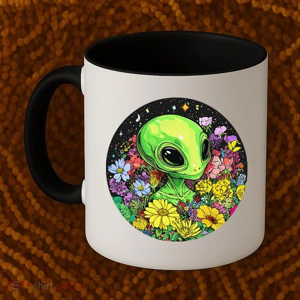 Alien Surrounded By Cosmic Flowers Coffee Mug