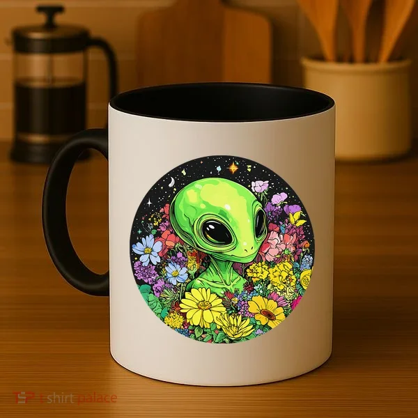 Alien Surrounded By Cosmic Flowers Coffee Mug