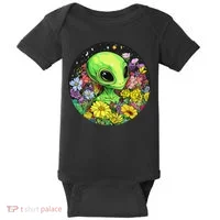 Alien Surrounded By Cosmic Flowers Baby Bodysuit thumb 0