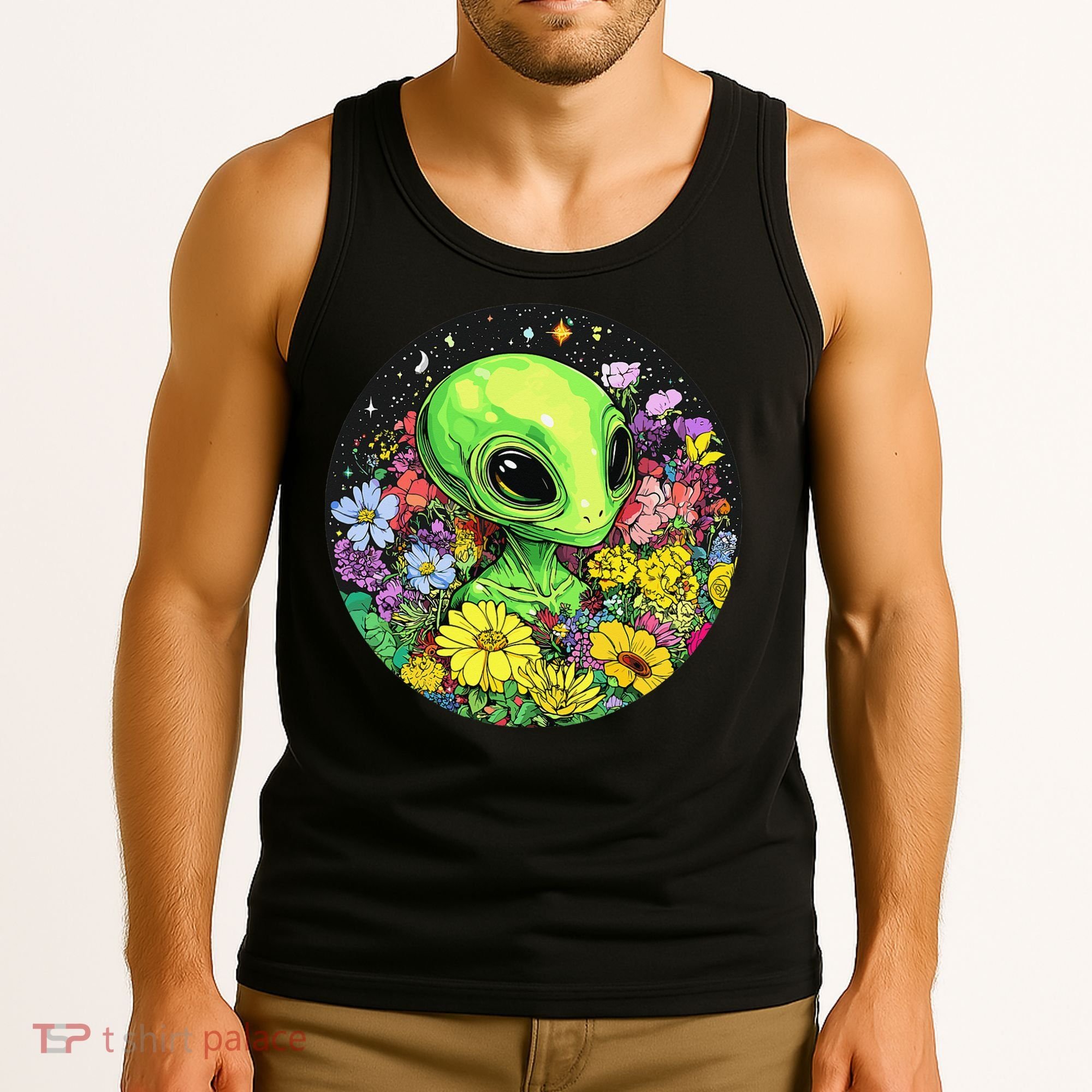 Alien Surrounded By Cosmic Flowers Tank Top