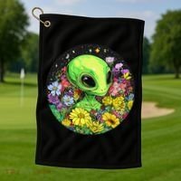 Alien Surrounded By Cosmic Flowers Golf Towel thumb 1