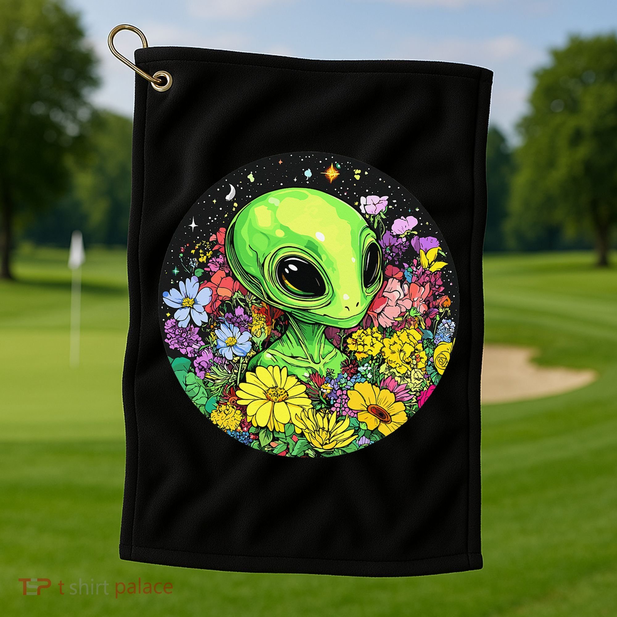 Alien Surrounded By Cosmic Flowers Golf Towel