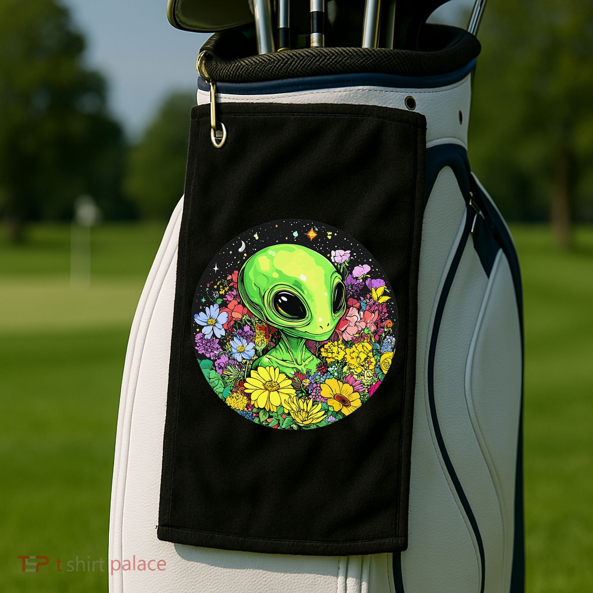 Alien Surrounded By Cosmic Flowers Golf Towel