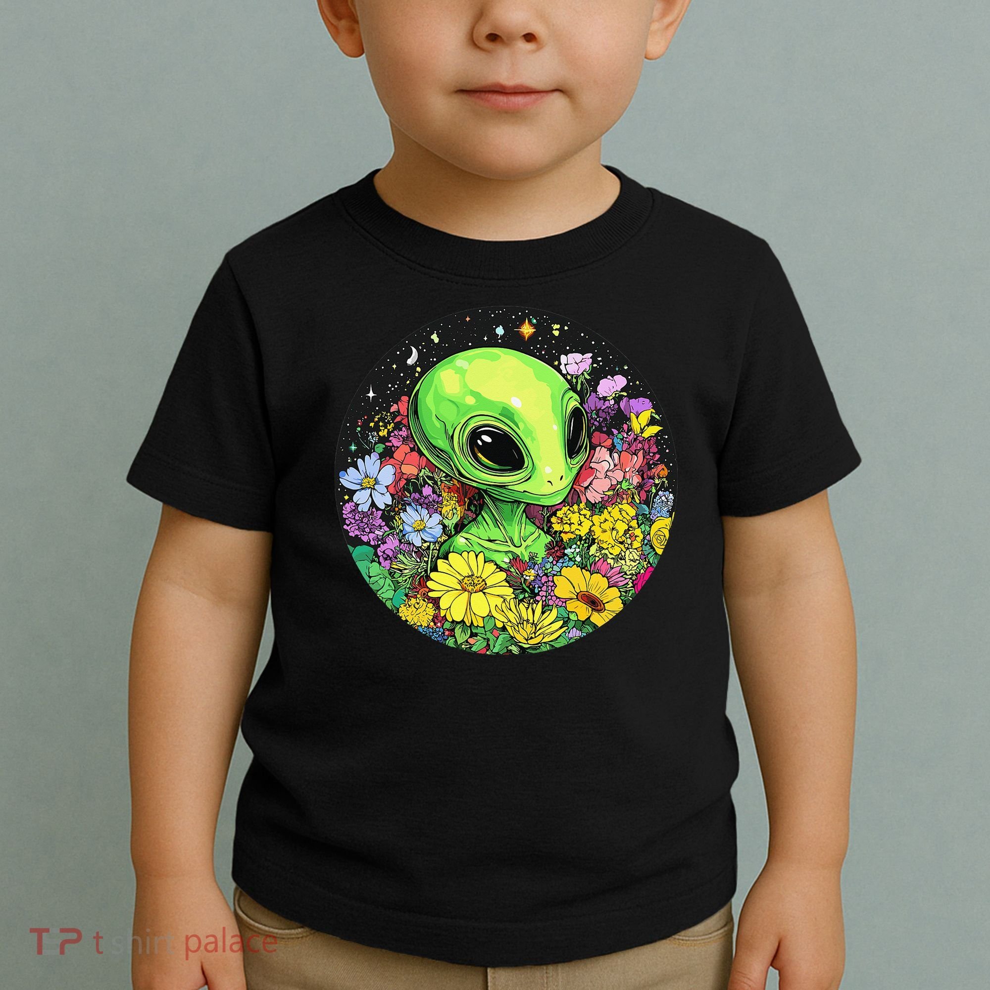 Alien Surrounded By Cosmic Flowers Toddler T-Shirt