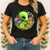 Alien Surrounded By Cosmic Flowers Women's T-Shirt thumb 2