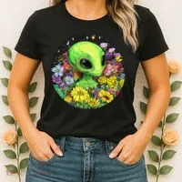 Alien Surrounded By Cosmic Flowers Women's T-Shirt thumb 2