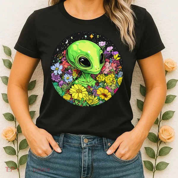 Alien Surrounded By Cosmic Flowers Women's T-Shirt