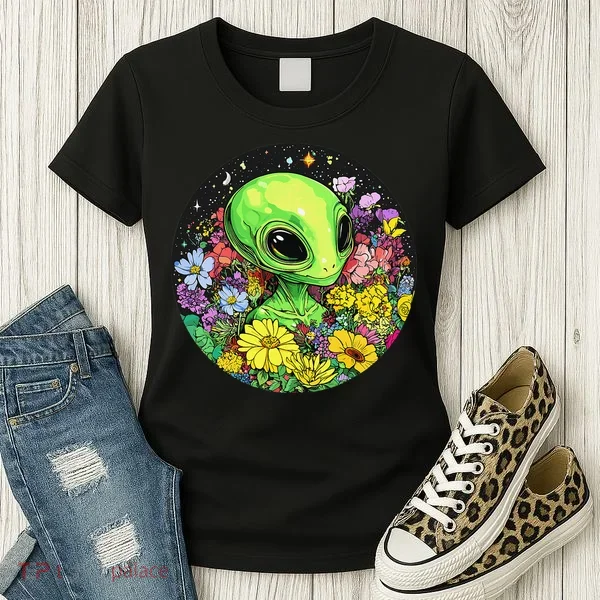 Alien Surrounded By Cosmic Flowers Women's T-Shirt