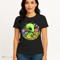 Alien Surrounded By Cosmic Flowers Women's T-Shirt thumb 4