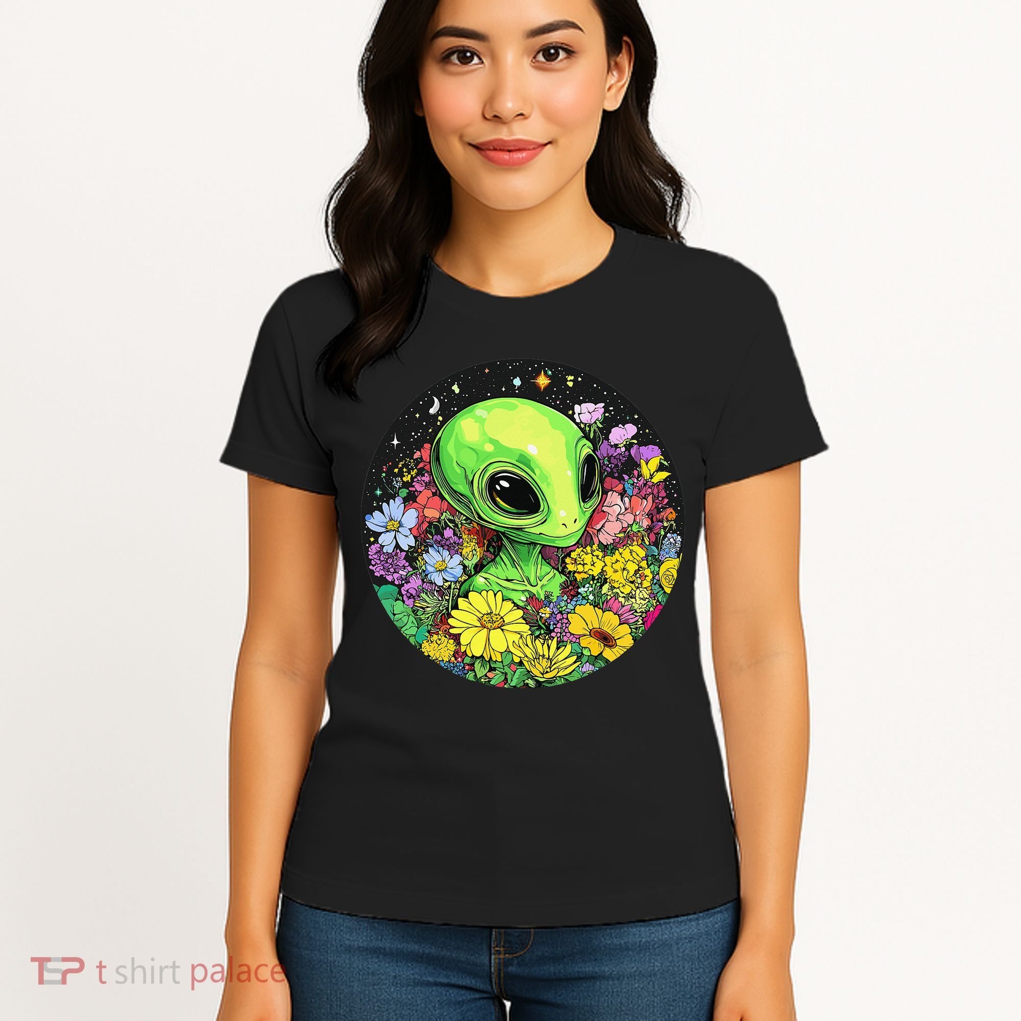 Alien Surrounded By Cosmic Flowers Women's T-Shirt