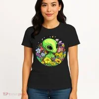 Alien Surrounded By Cosmic Flowers Women's T-Shirt thumb 4
