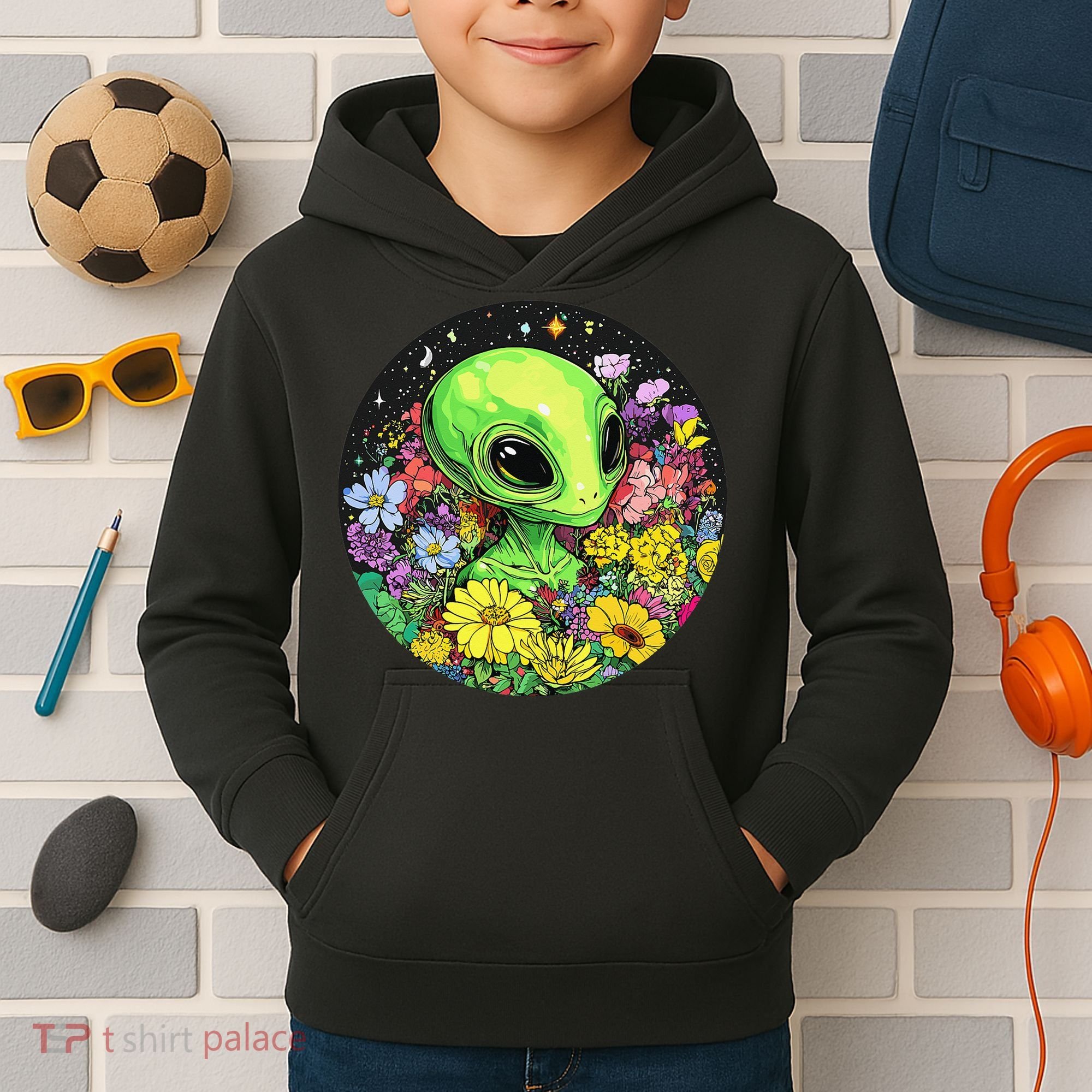 Alien Surrounded By Cosmic Flowers Kids Hoodie