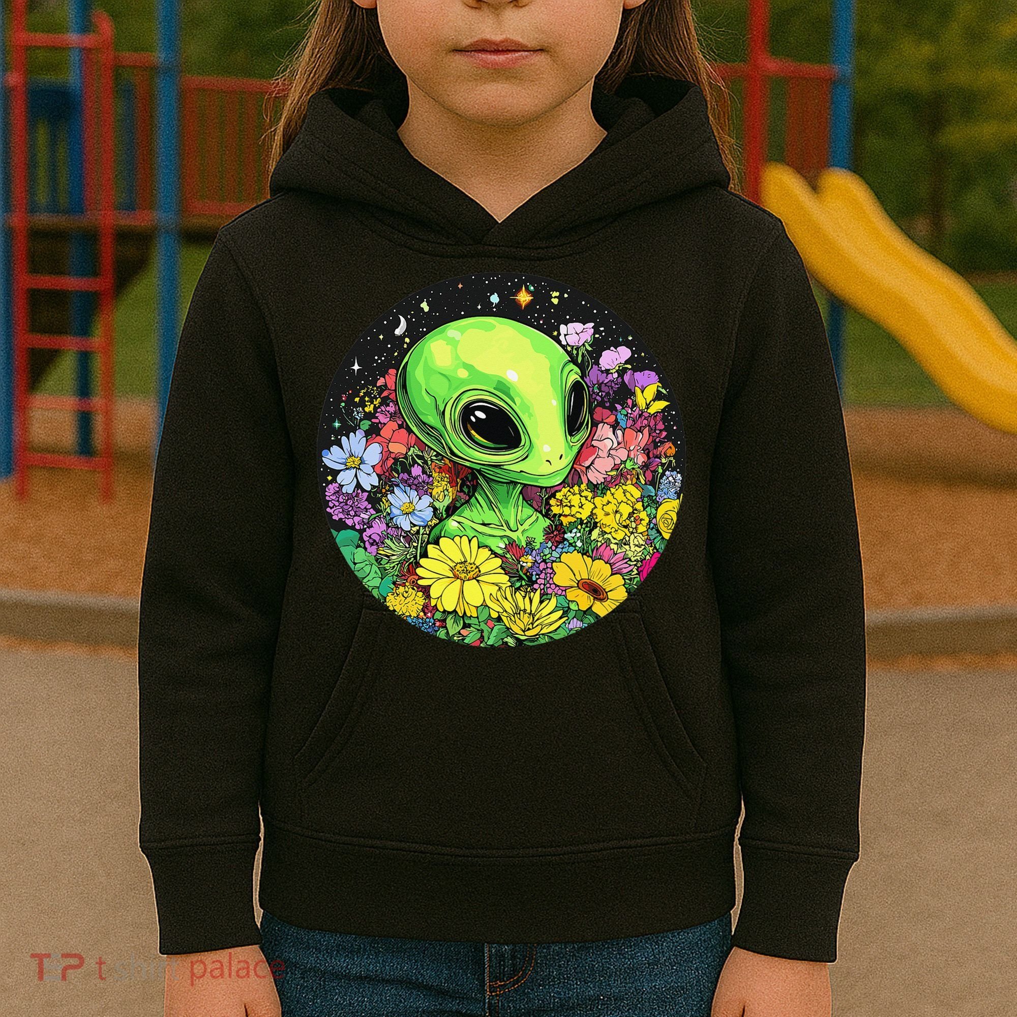 Alien Surrounded By Cosmic Flowers Kids Hoodie
