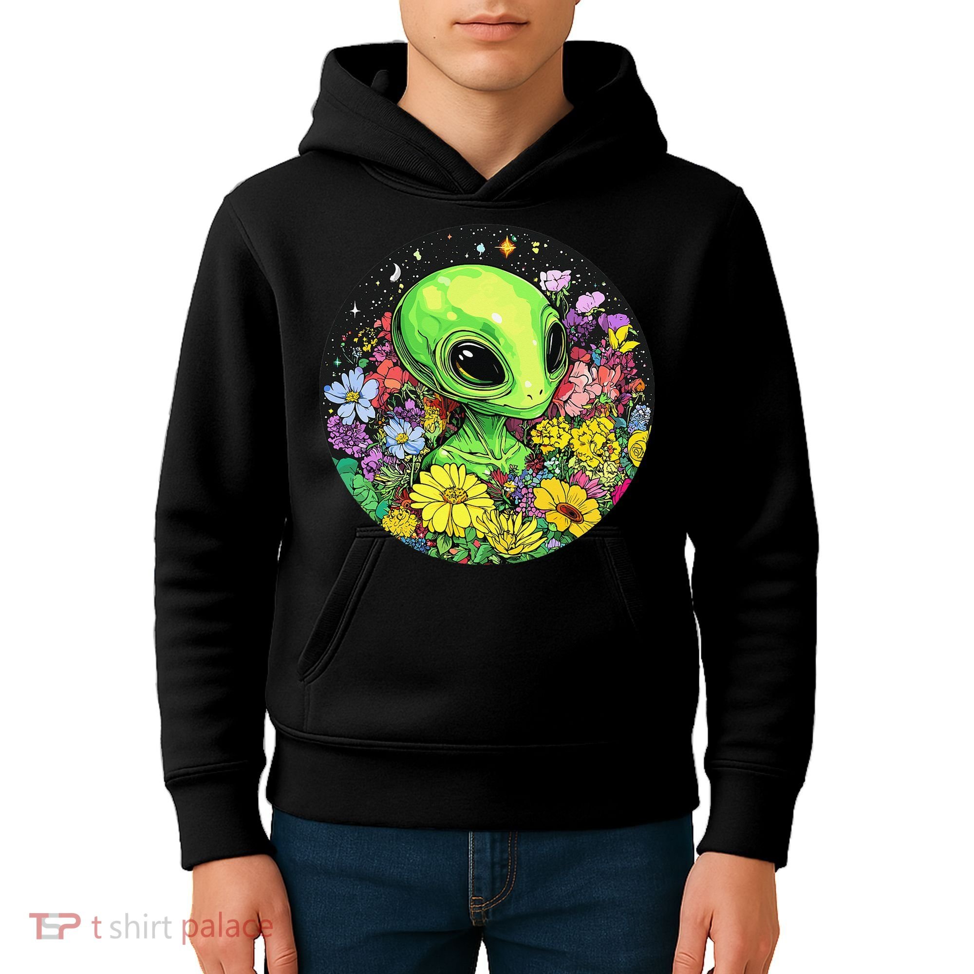 Alien Surrounded By Cosmic Flowers Kids Hoodie