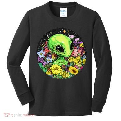 Alien Surrounded By Cosmic Flowers Kids Long Sleeve Shirt