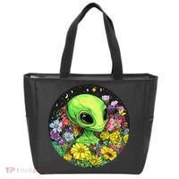 Alien Surrounded By Cosmic Flowers Tote Bag thumb 0