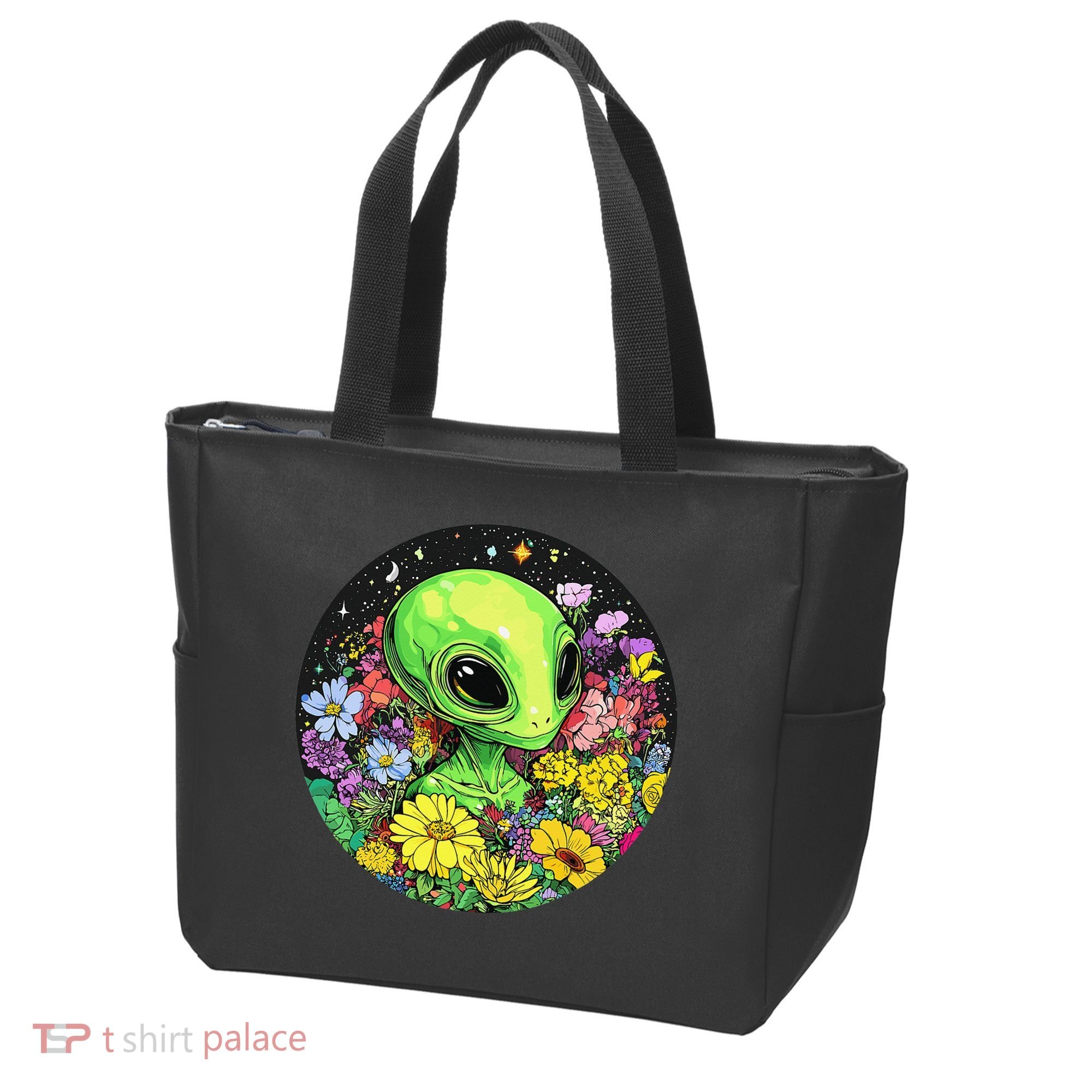 Alien Surrounded By Cosmic Flowers Tote Bag