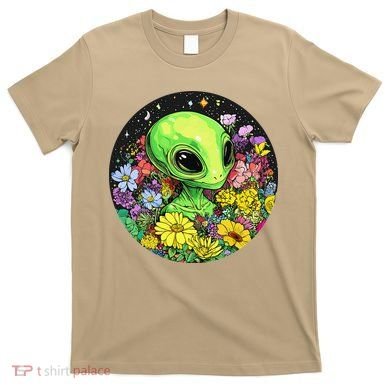 Alien Surrounded By Cosmic Flowers T-Shirt