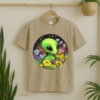 Alien Surrounded By Cosmic Flowers T-Shirt thumb 2