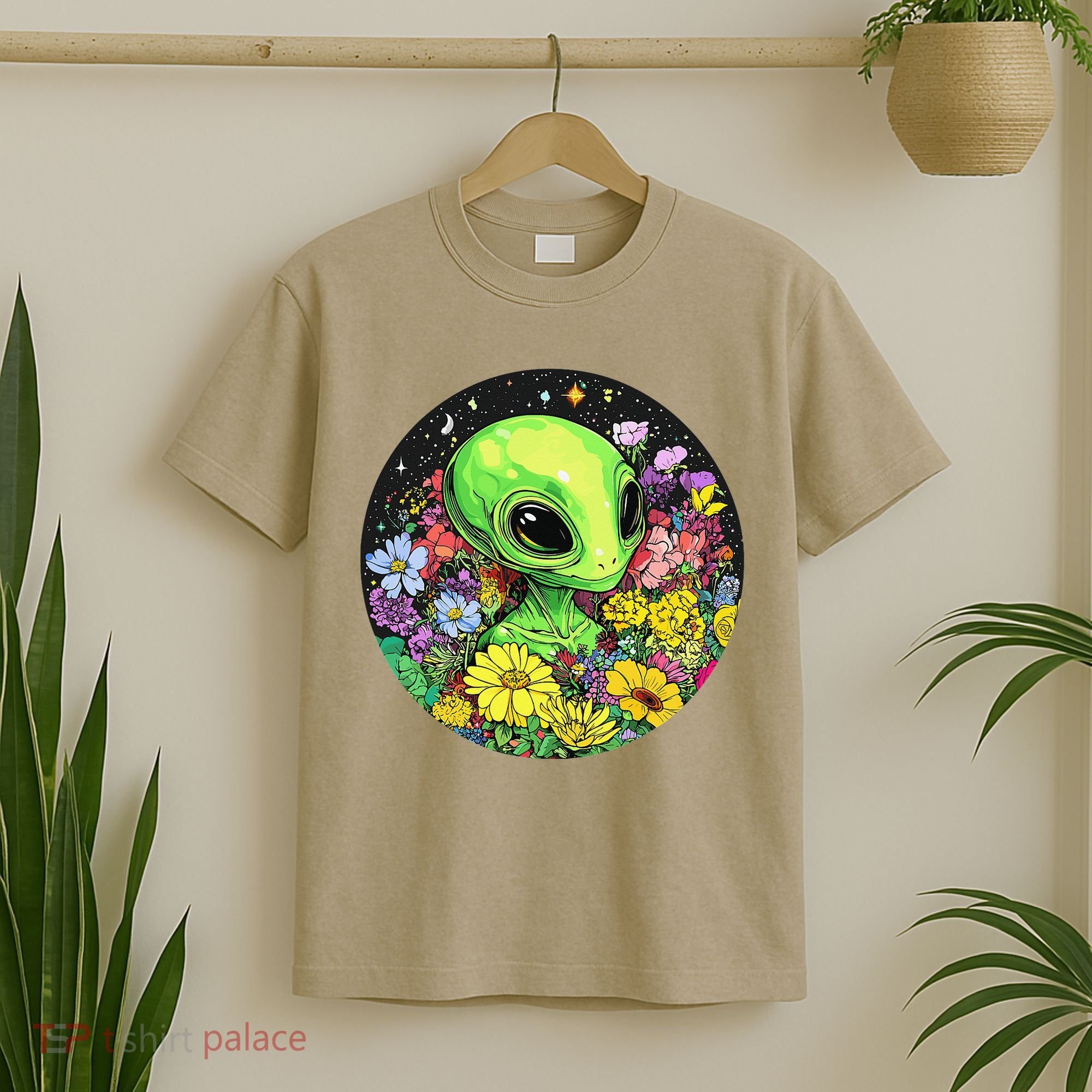 Alien Surrounded By Cosmic Flowers T-Shirt