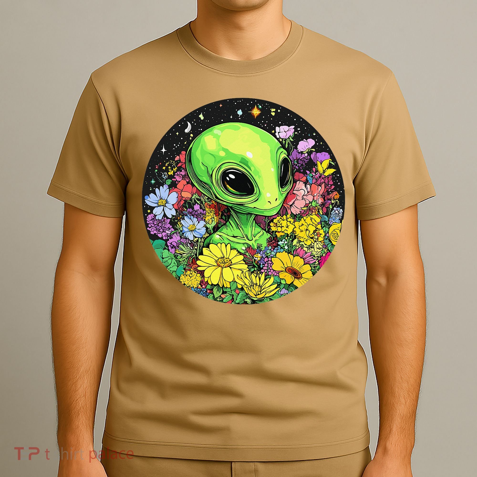 Alien Surrounded By Cosmic Flowers T-Shirt