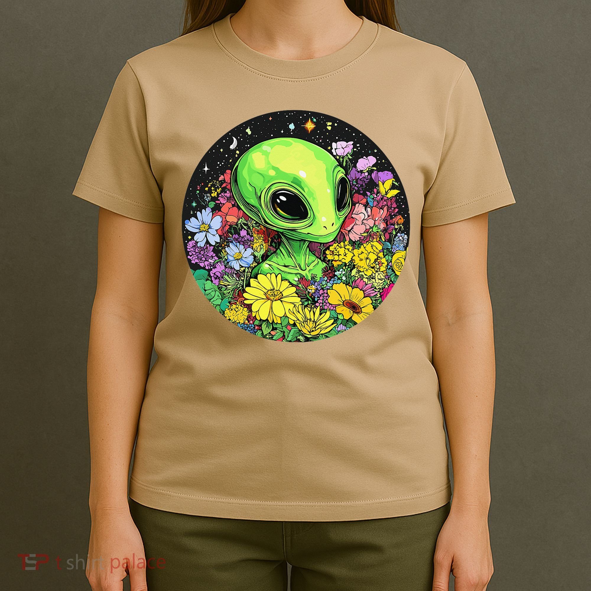 Alien Surrounded By Cosmic Flowers T-Shirt
