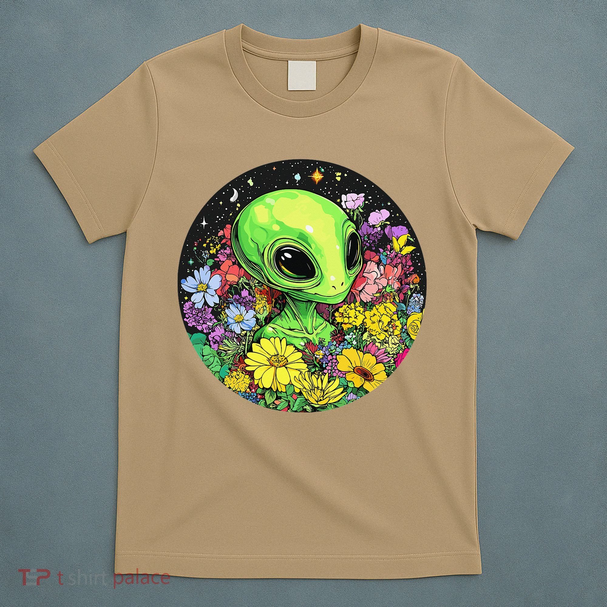 Alien Surrounded By Cosmic Flowers T-Shirt