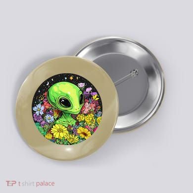 Alien Surrounded By Cosmic Flowers Button