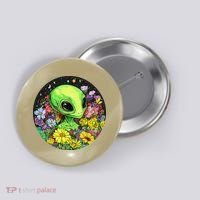 Alien Surrounded By Cosmic Flowers Button thumb 0