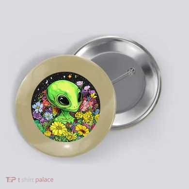 Alien Surrounded By Cosmic Flowers Button