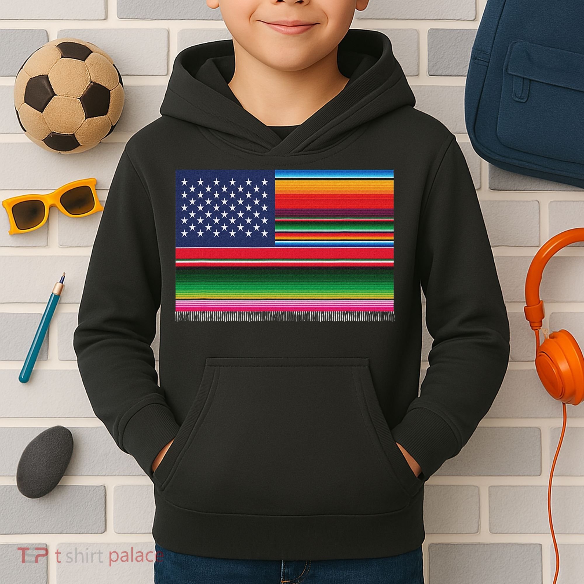 American Serape Blanket Striped Flag For Hispanic Chicano Kids Hoodie