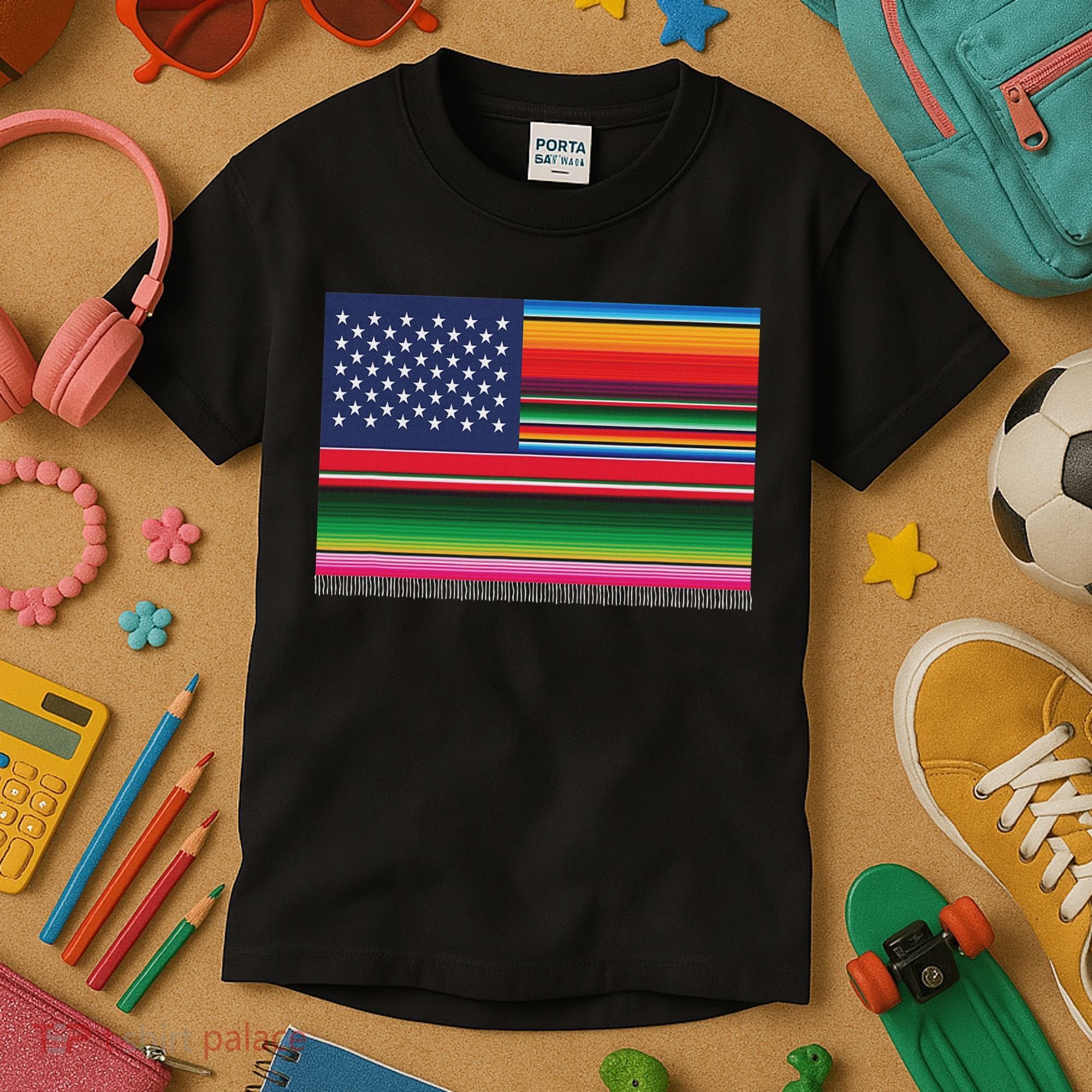 American Serape Blanket Striped Flag For Hispanic Chicano Kids T-Shirt