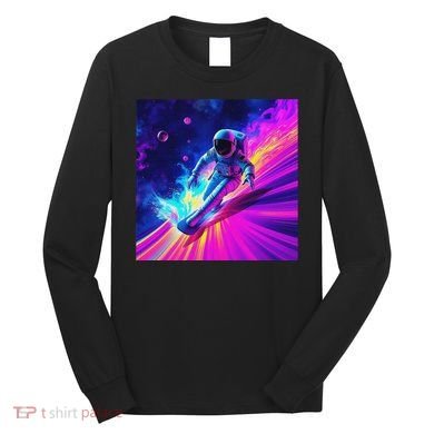 Astronaut Surfing Cosmic Rainbow Wave Graphic Design Art Long Sleeve Shirt