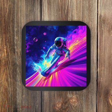 Astronaut Surfing Cosmic Rainbow Wave Graphic Design Art Coaster