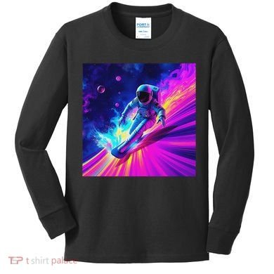 Astronaut Surfing Cosmic Rainbow Wave Graphic Design Art Kids Long Sleeve Shirt