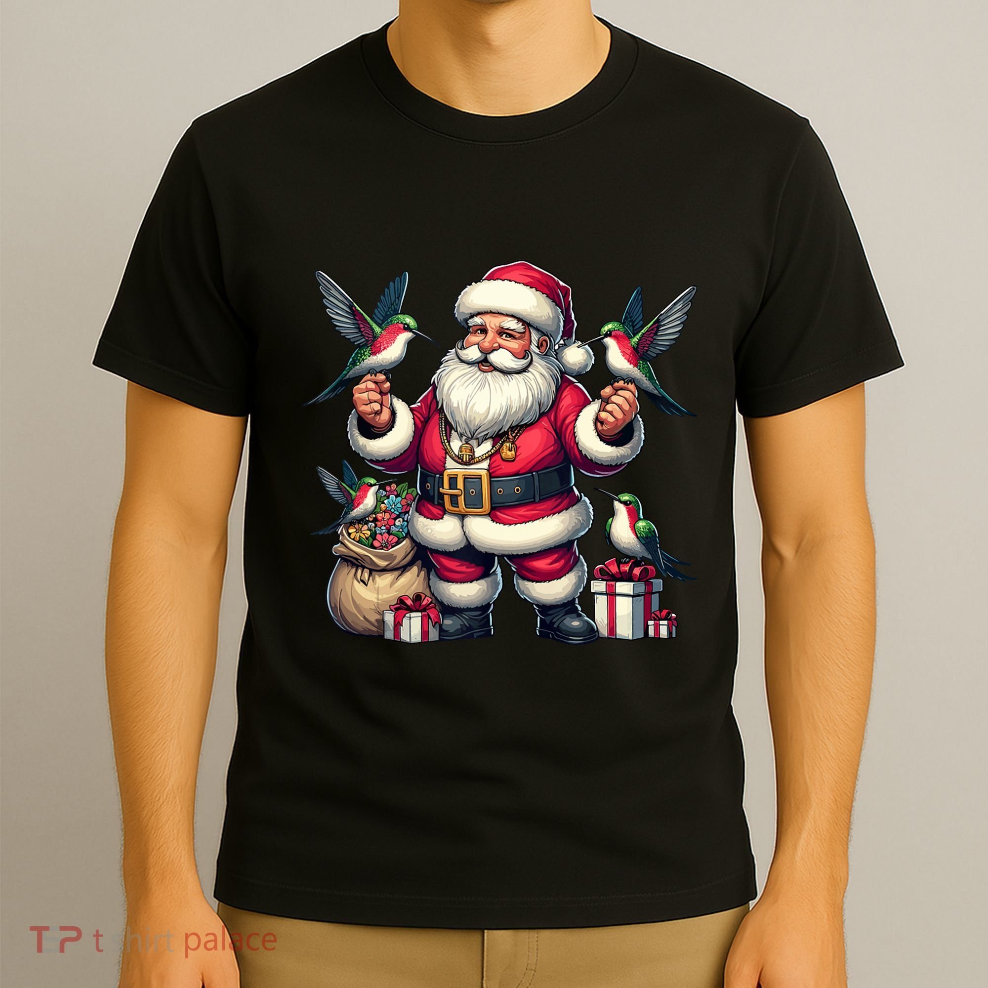American Santa Claus Holding Hummingbird Present Xmas Tank Top T-Shirt