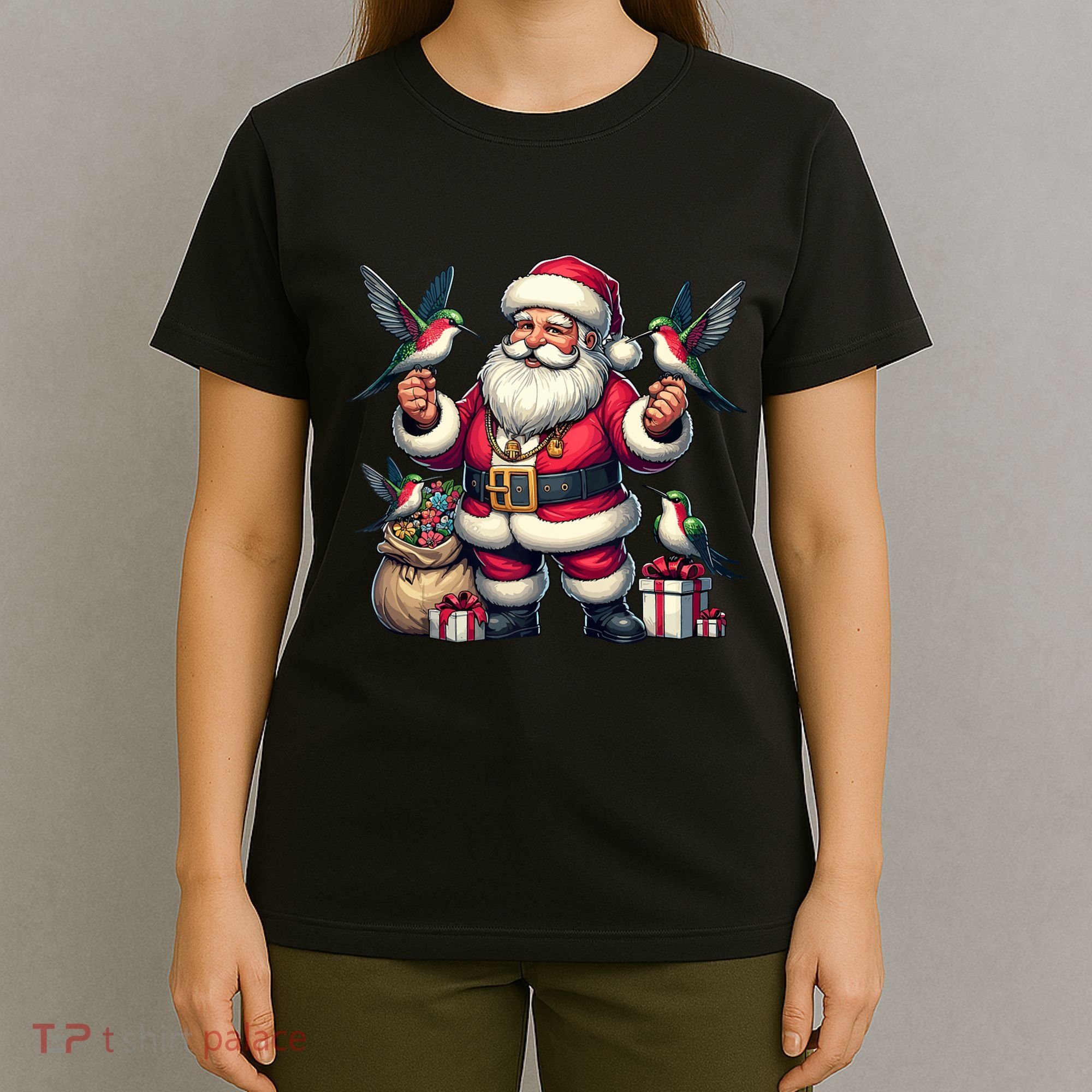 American Santa Claus Holding Hummingbird Present Xmas Tank Top T-Shirt