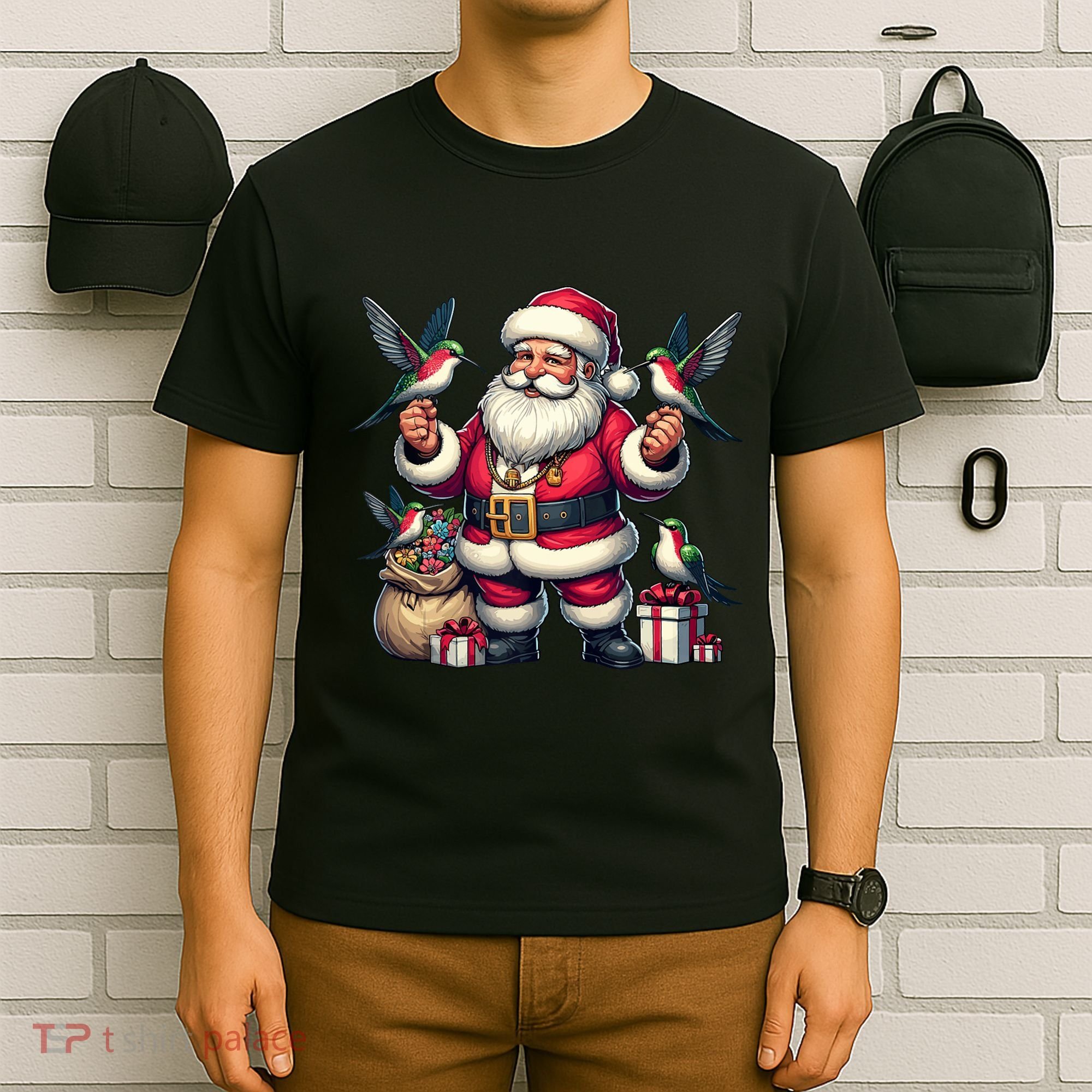 American Santa Claus Holding Hummingbird Present Xmas Tank Top T-Shirt