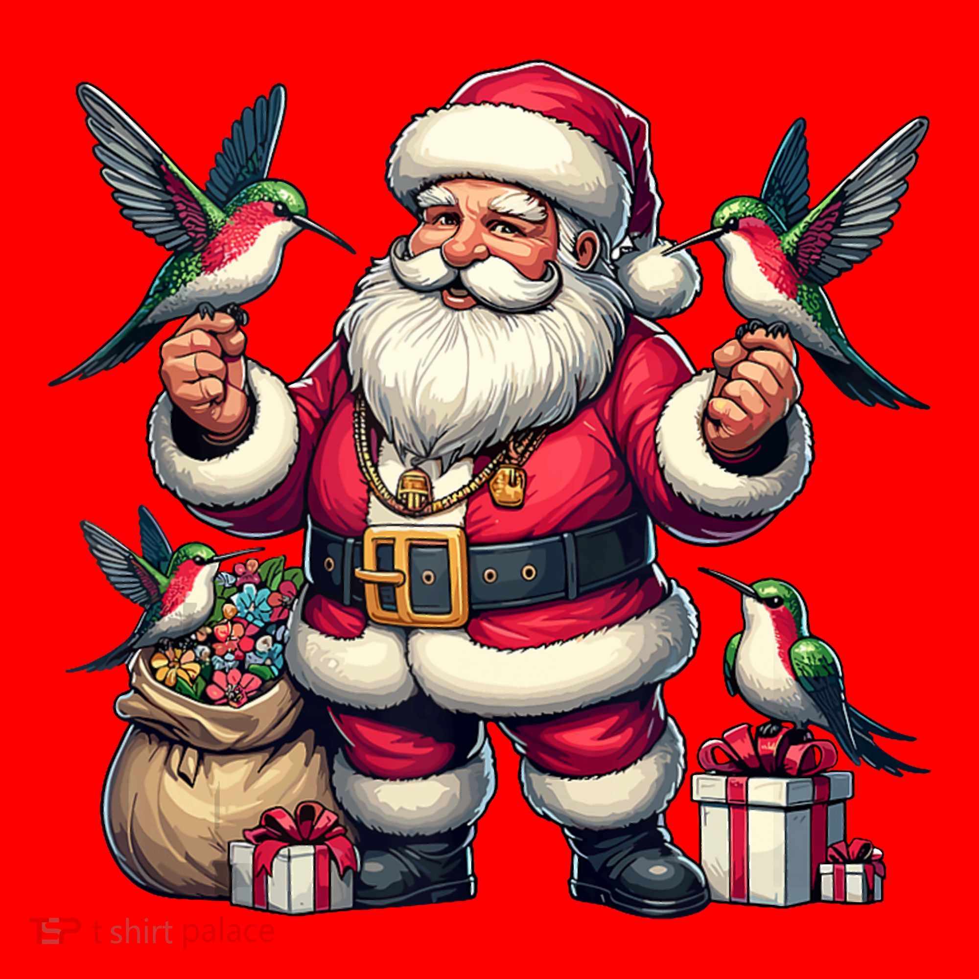 American Santa Claus Holding Hummingbird Present Xmas Tank Top Santa Hat