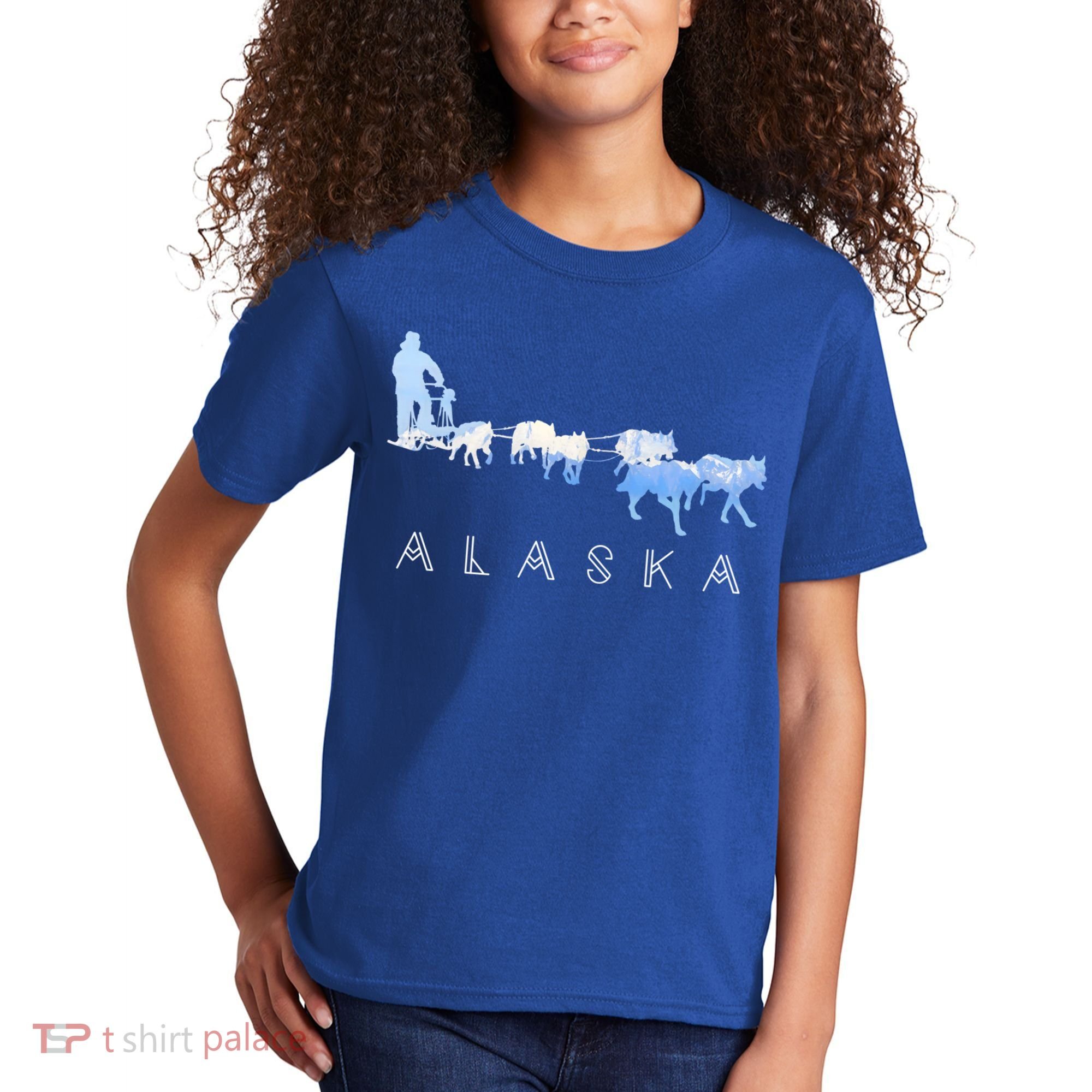 Alaska Sled Dogs Mushing Gift Sled Dog Team Snow Mountain Scene Gift Kids T-Shirt