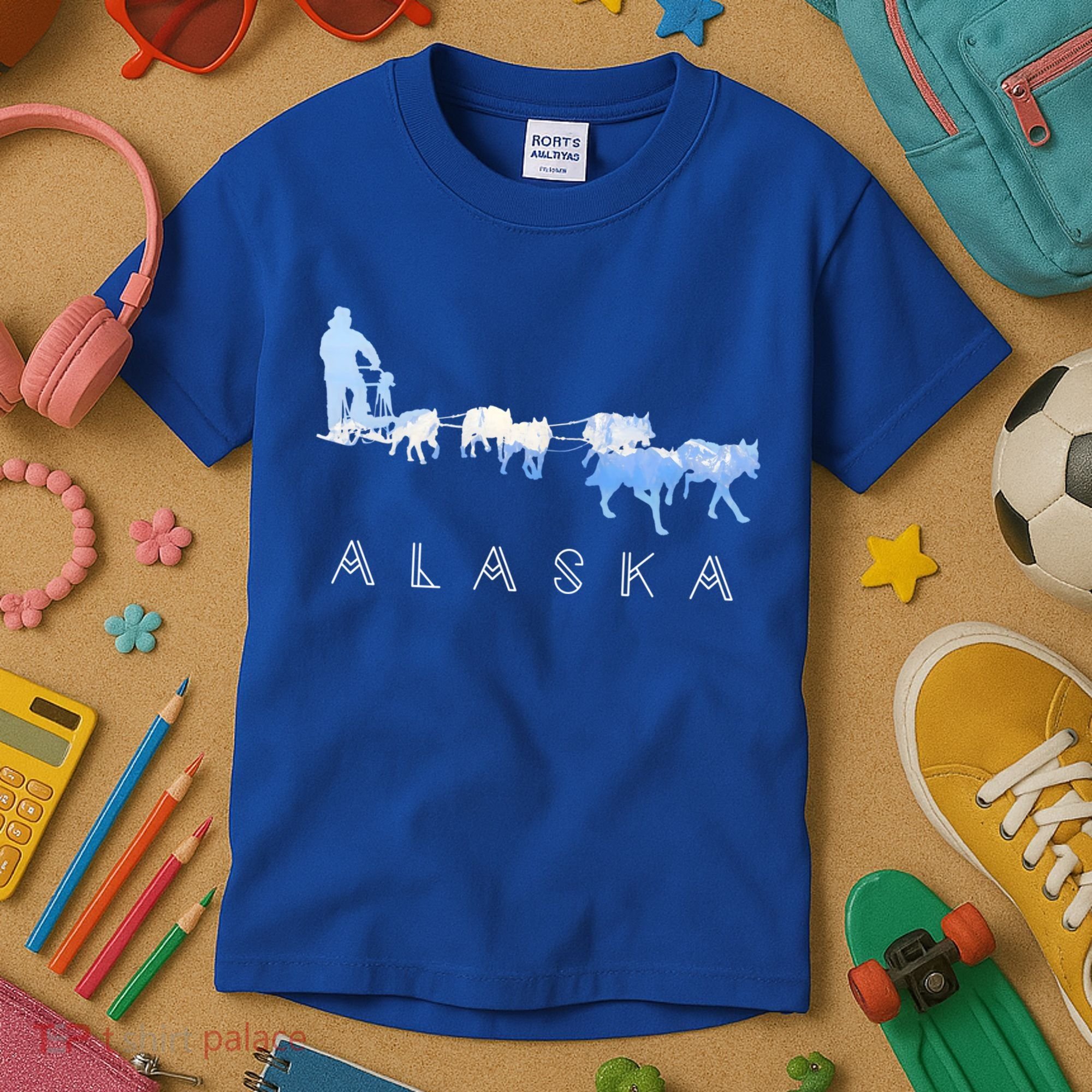 Alaska Sled Dogs Mushing Gift Sled Dog Team Snow Mountain Scene Gift Kids T-Shirt