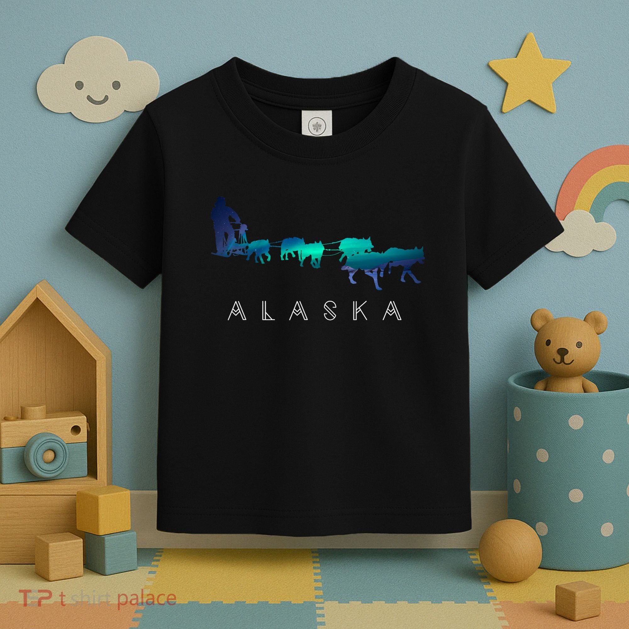 Alaska Sled Dogs Mushing Sled Dog Team A.U.R.O.R.A Borealis Scene Toddler T-Shirt