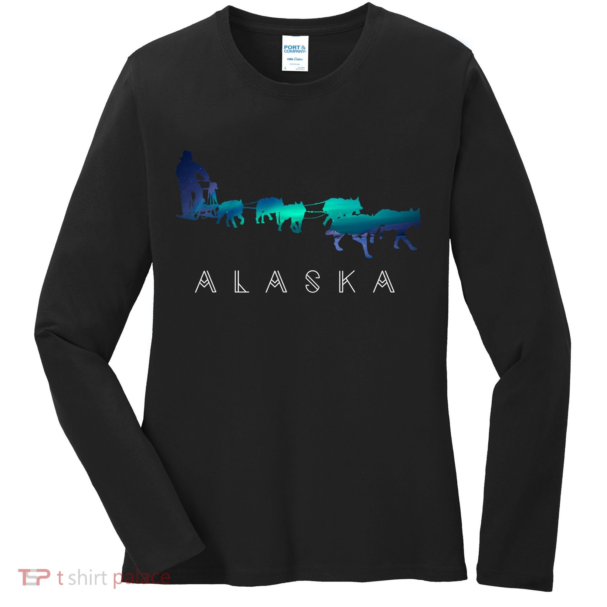 Alaska Sled Dogs Mushing Sled Dog Team A.U.R.O.R.A Borealis Scene Women's Long Sleeve Shirt