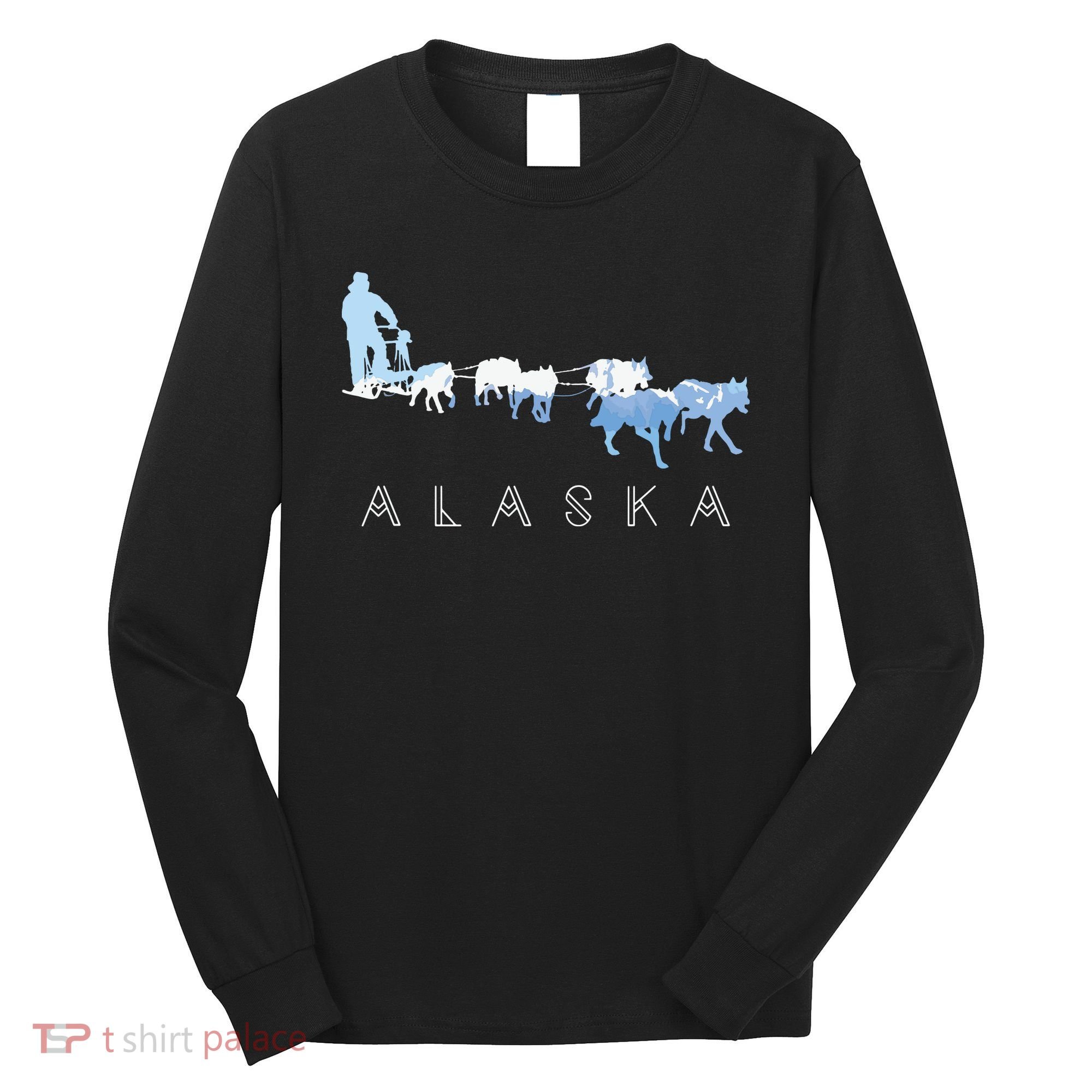 Alaska Sled Dogs Mushing Sled Dog Team Snow Mountain Scene Long Sleeve Shirt