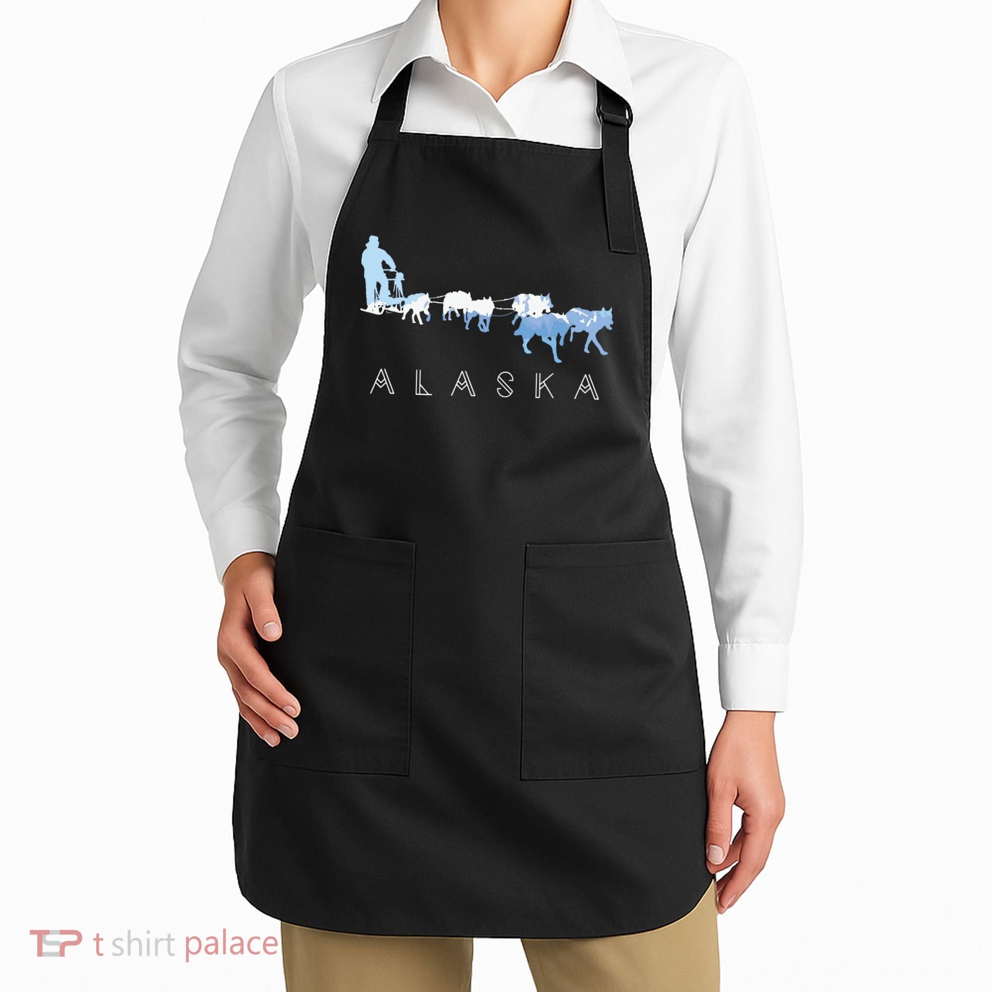 Alaska Sled Dogs Mushing Sled Dog Team Snow Mountain Scene Apron