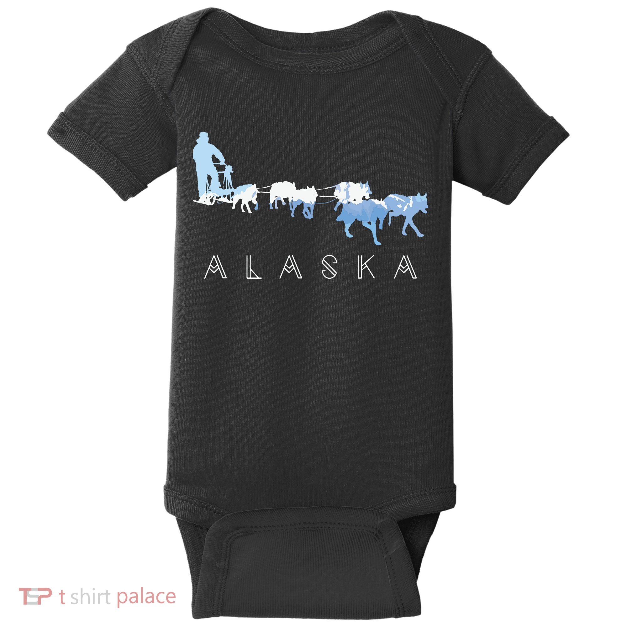 Alaska Sled Dogs Mushing Sled Dog Team Snow Mountain Scene Baby Bodysuit