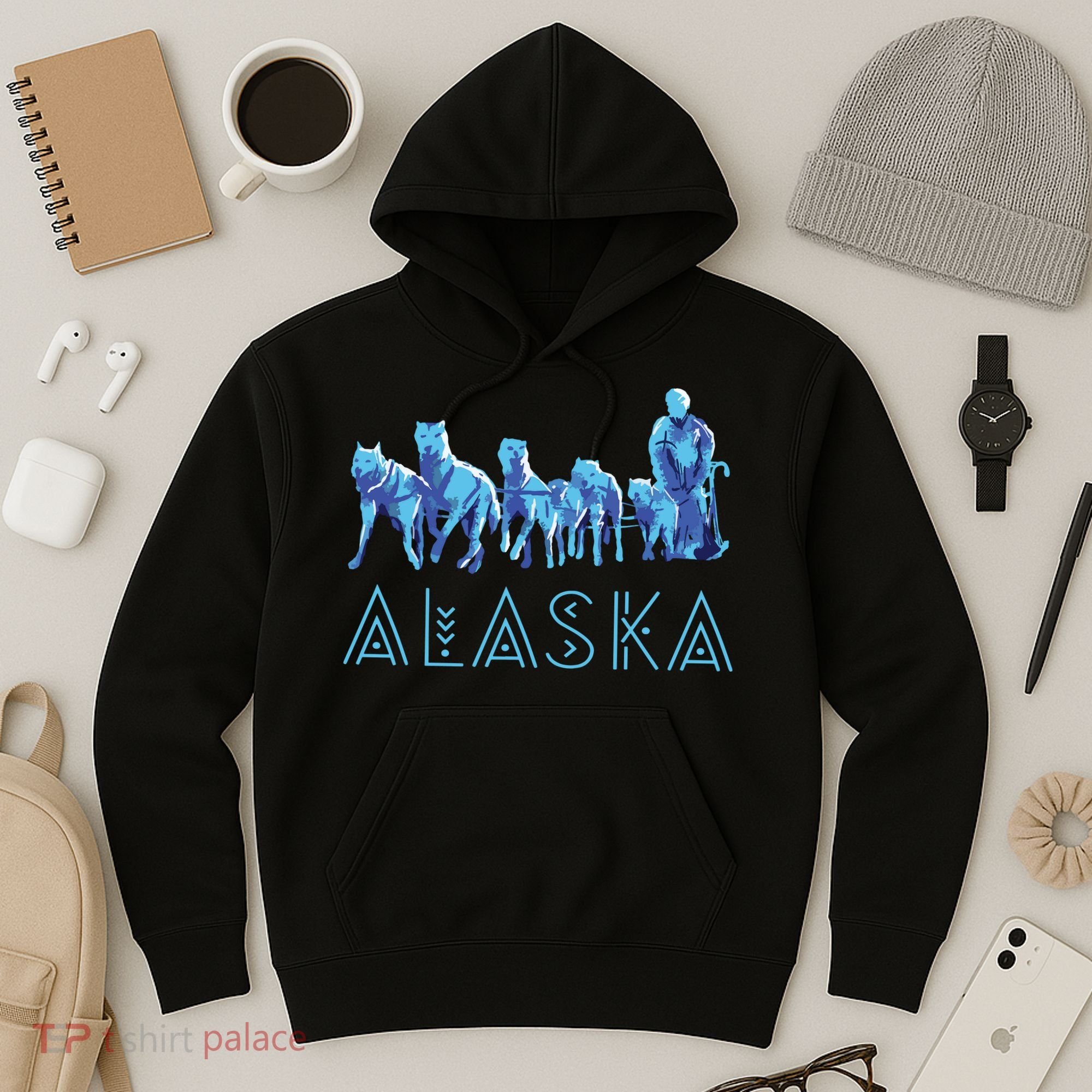 Alaska Sled Dogs Mushing Team Snow Sledding Mountain Scene Hoodie