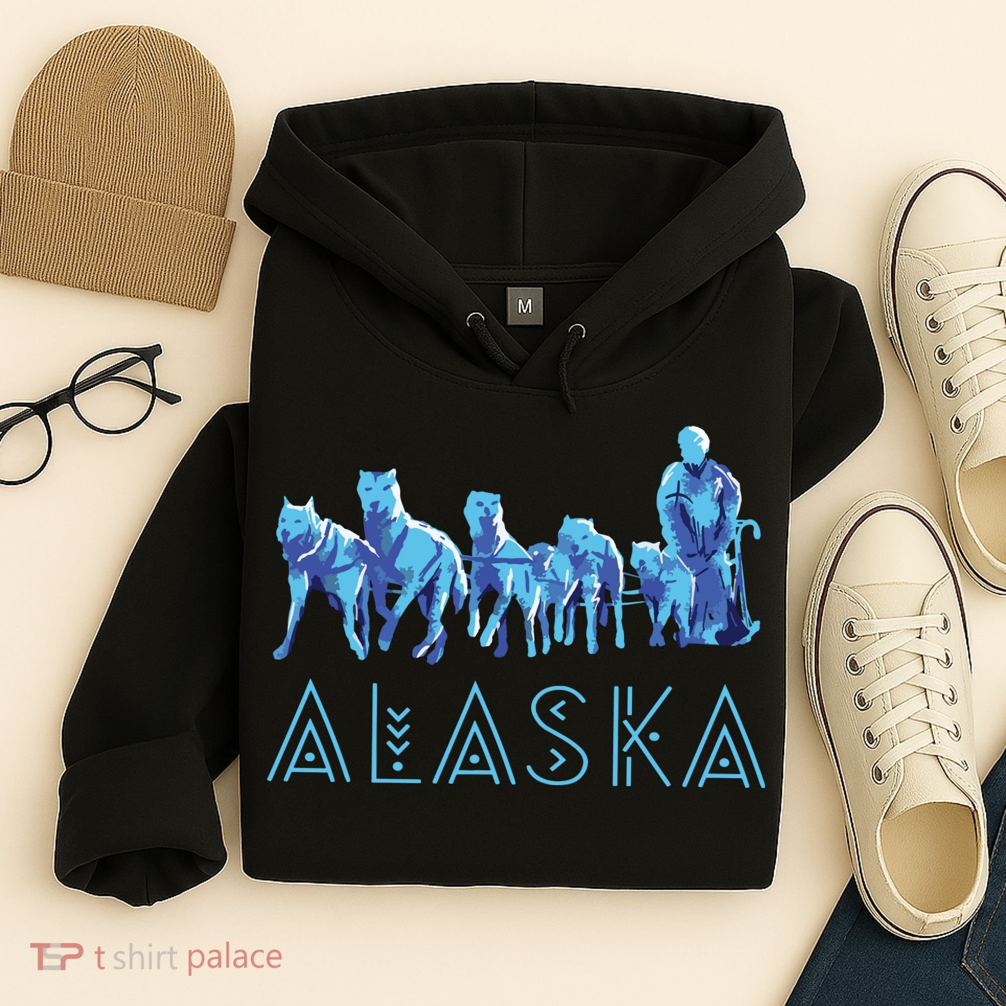 Alaska Sled Dogs Mushing Team Snow Sledding Mountain Scene Hoodie