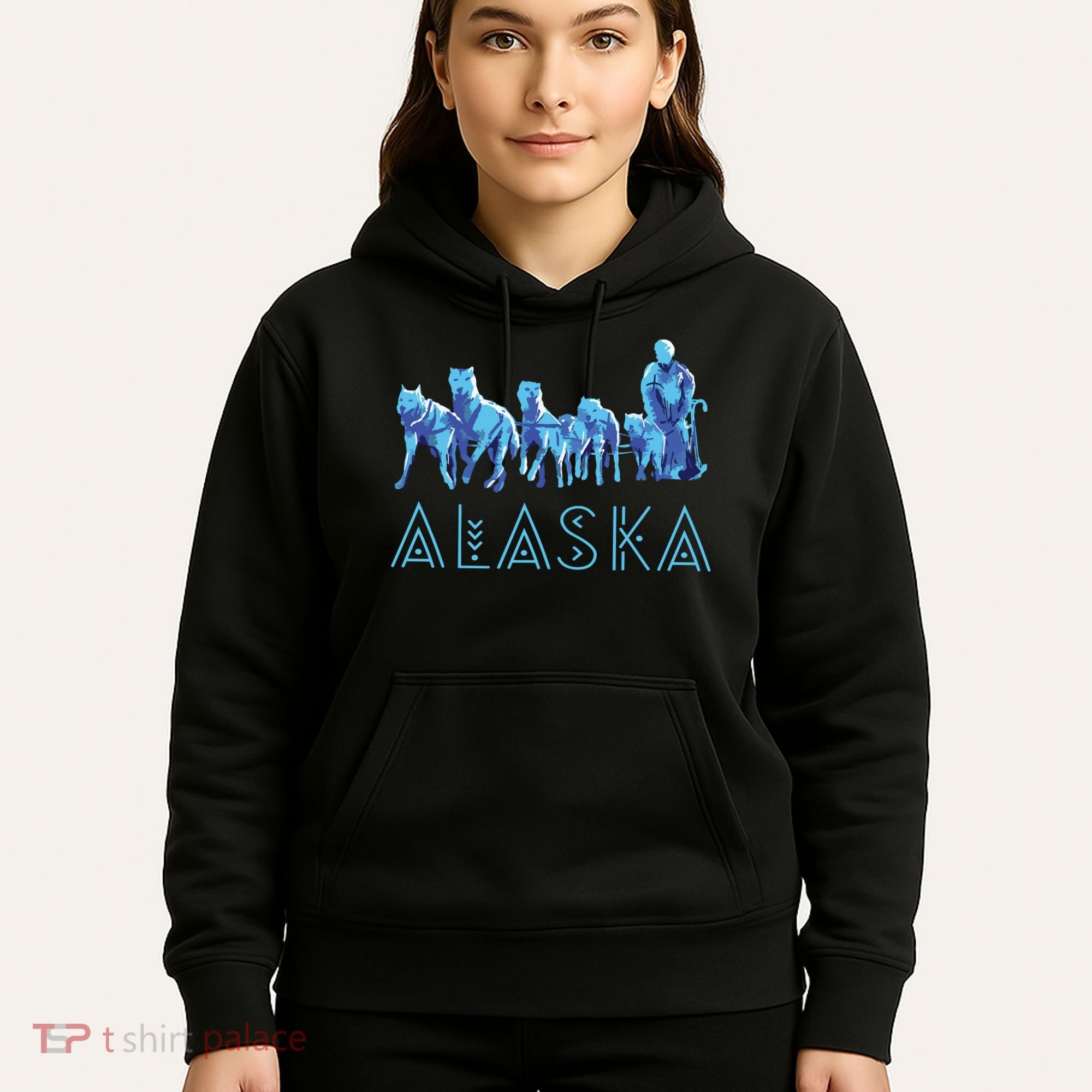 Alaska Sled Dogs Mushing Team Snow Sledding Mountain Scene Hoodie